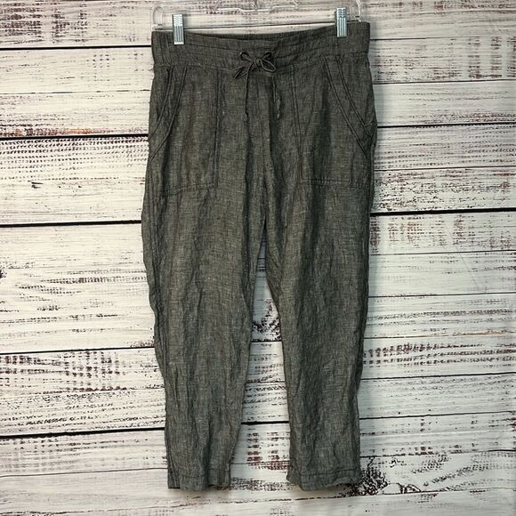 ATHLETA 100% LINEN ANKLE CROP CAPRI PANTS WOMEN’S SIZE 0 GRAY HEATHERED POCKETS - Picture 2 of 16